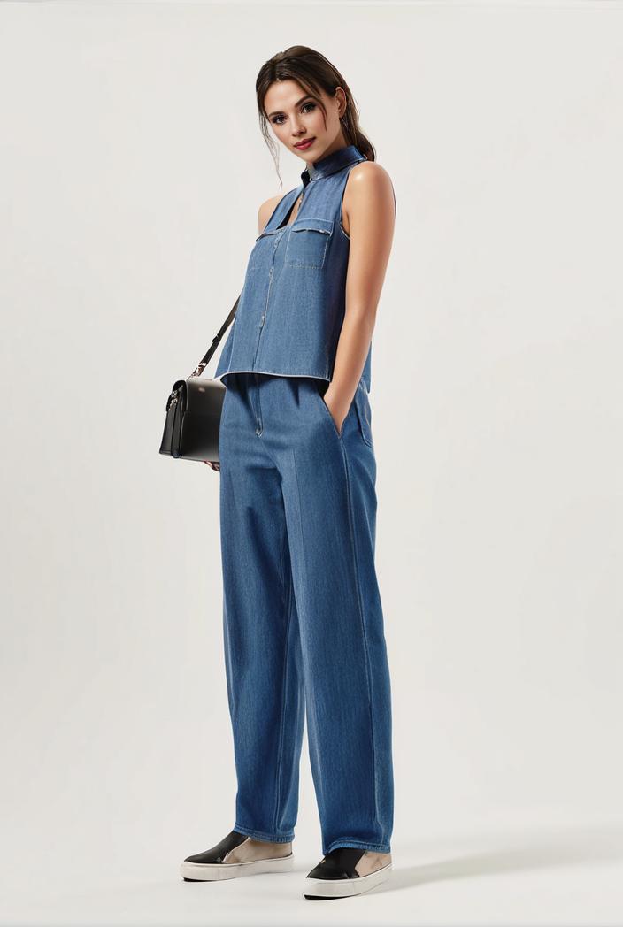 relaxed fit blue denim romper with slant pockets distressed denim coverall stylish women s denim outfit 120478