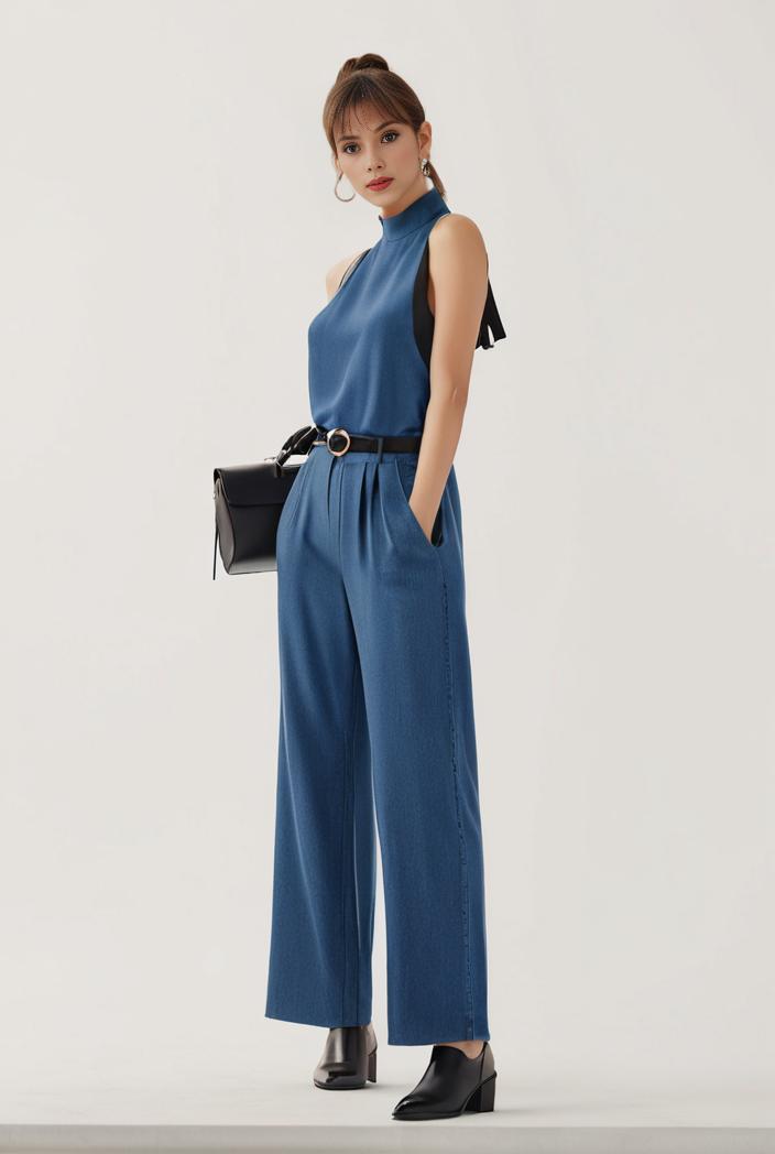 relaxed fit blue denim romper with slant pockets distressed denim coverall stylish women s denim outfit 120479