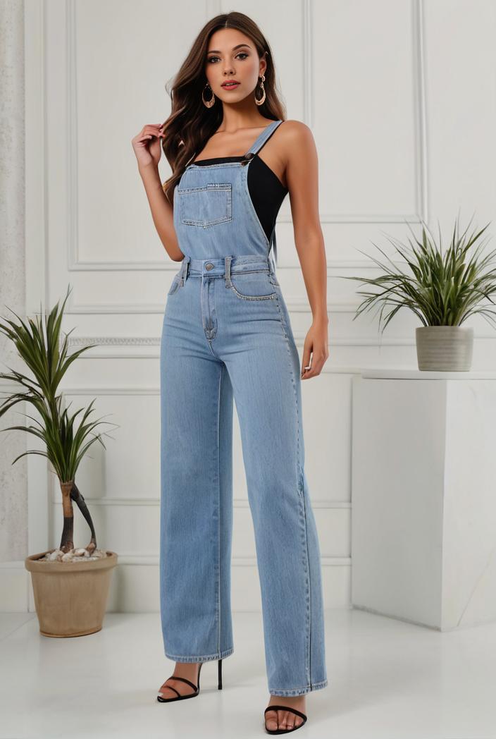 relaxed fit denim jumpsuit with slant pockets non elastic washed denim overalls women s denim apparel 120484