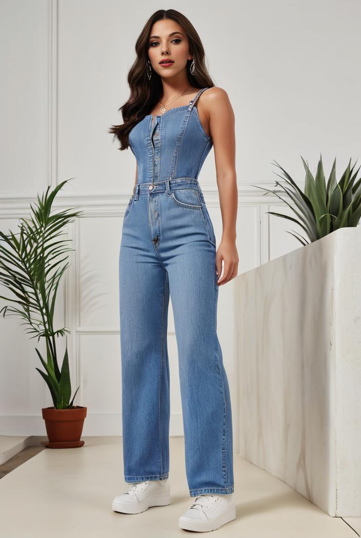 relaxed fit denim jumpsuit with slant pockets non elastic washed denim overalls women s denim apparel 120486