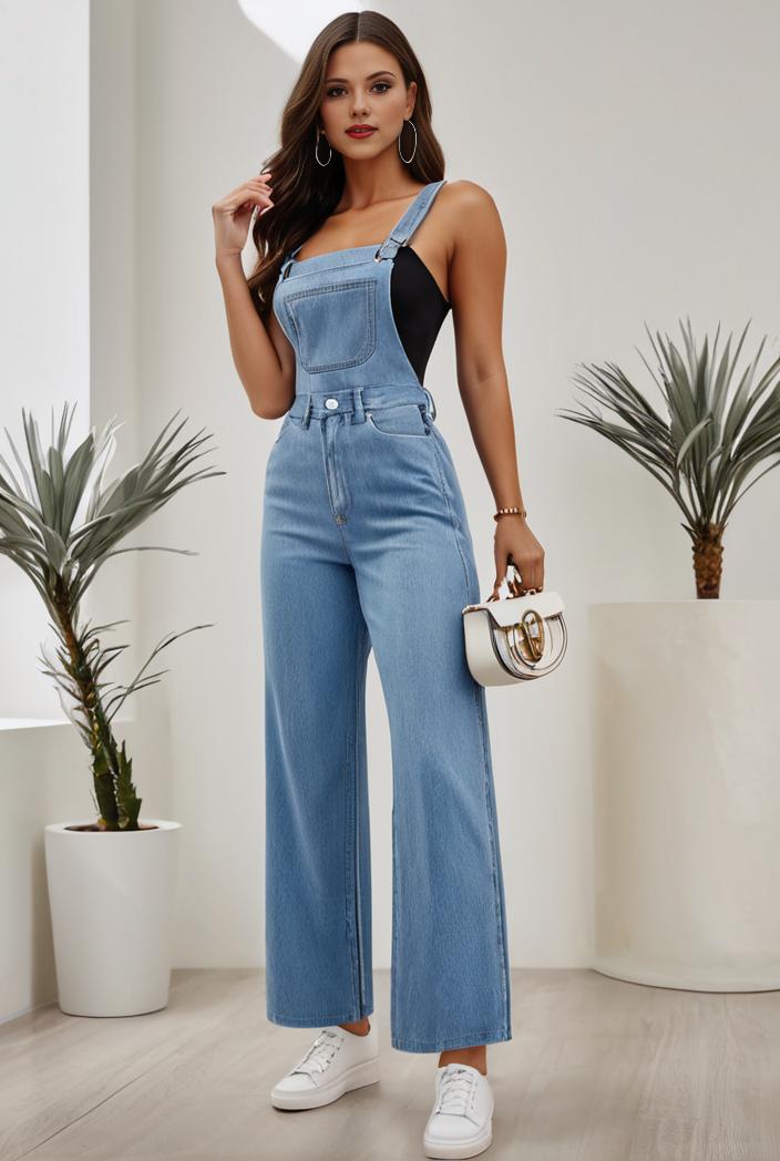 relaxed fit denim jumpsuit with slant pockets non elastic washed denim overalls women s denim apparel 120487