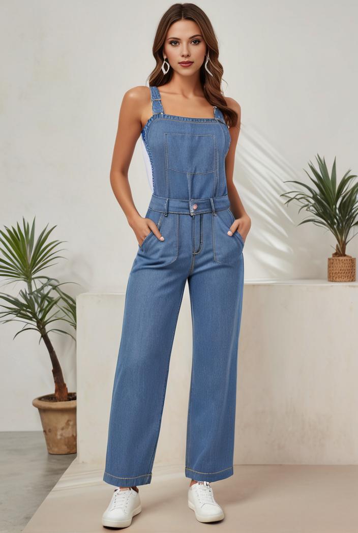 relaxed fit denim jumpsuit with slant pockets non elastic washed denim overalls women s denim apparel 120492