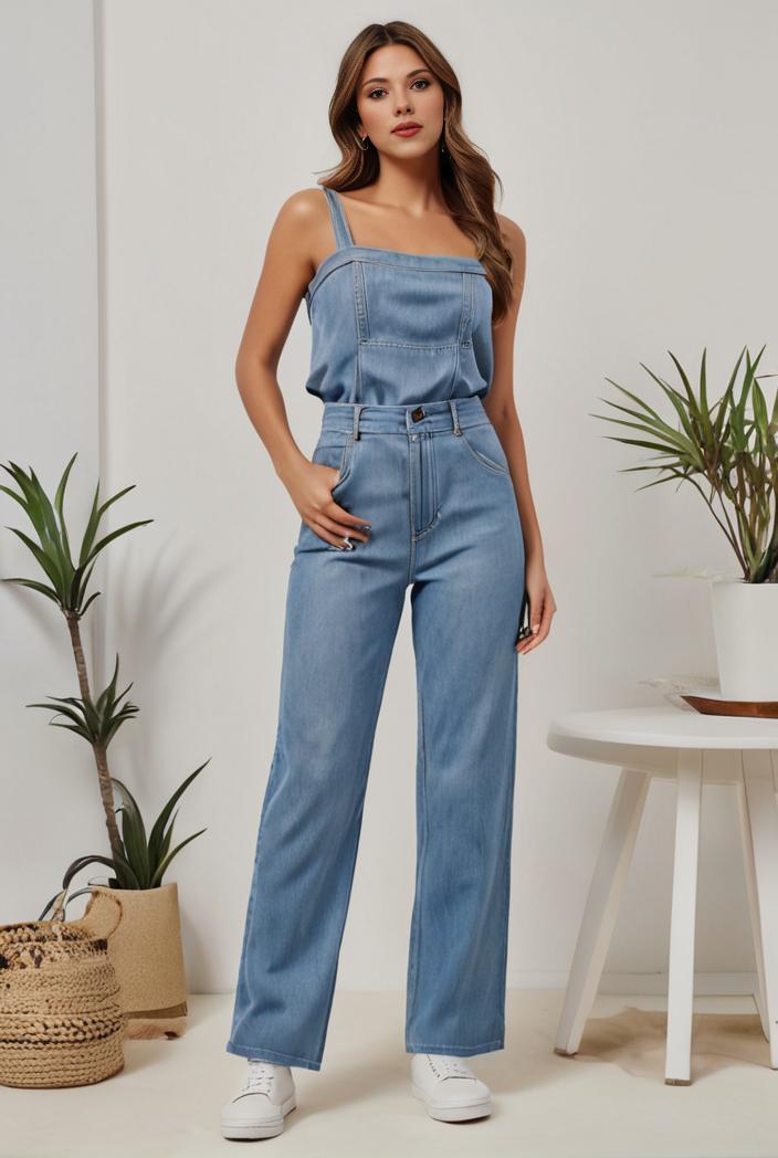 relaxed fit denim jumpsuit with slant pockets non elastic washed denim overalls women s denim apparel 120491