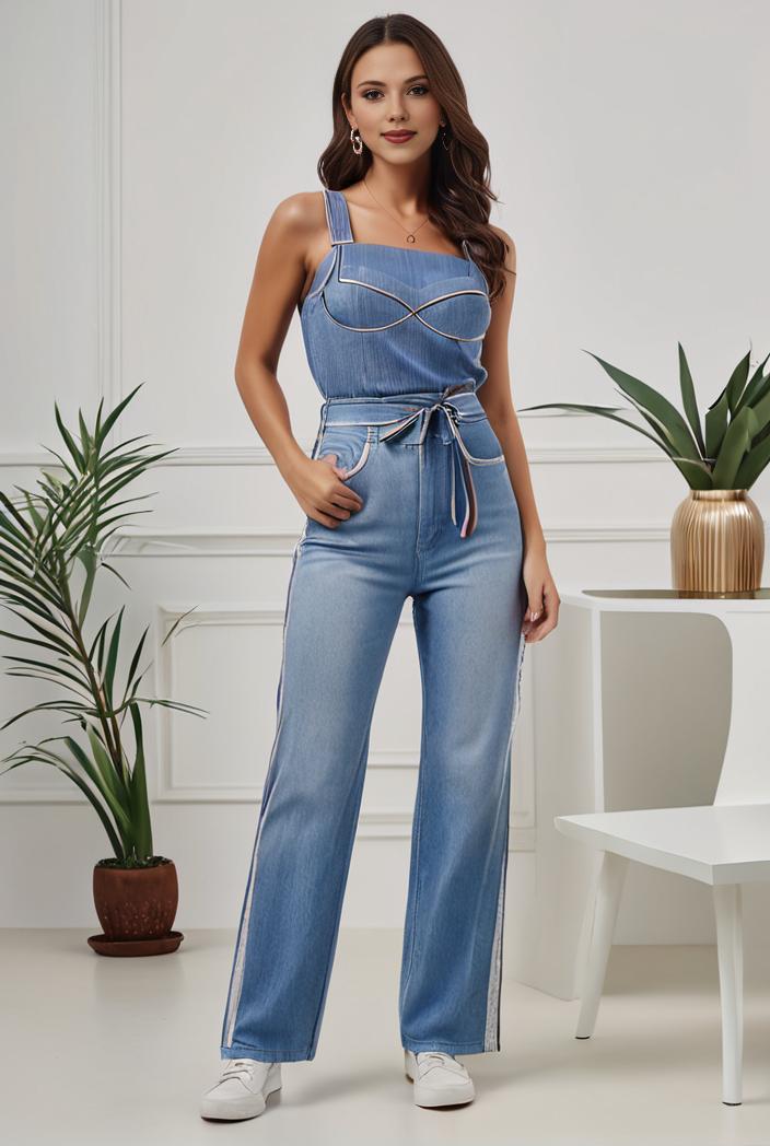 relaxed fit denim jumpsuit with slant pockets non elastic washed denim overalls women s denim apparel 120493