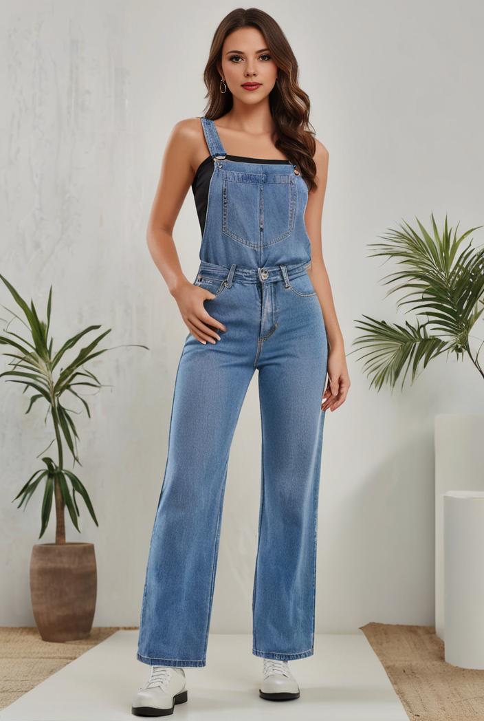 relaxed fit denim jumpsuit with slant pockets non elastic washed denim overalls women s denim apparel 120495