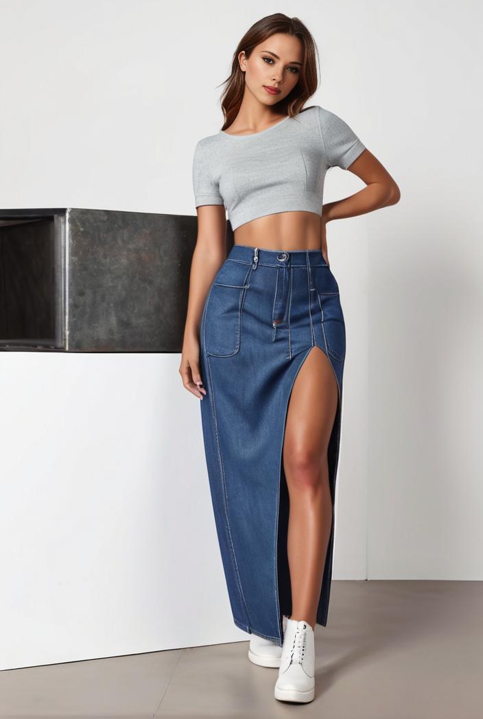 split thigh casual denim midi skirt with slant pockets 127009