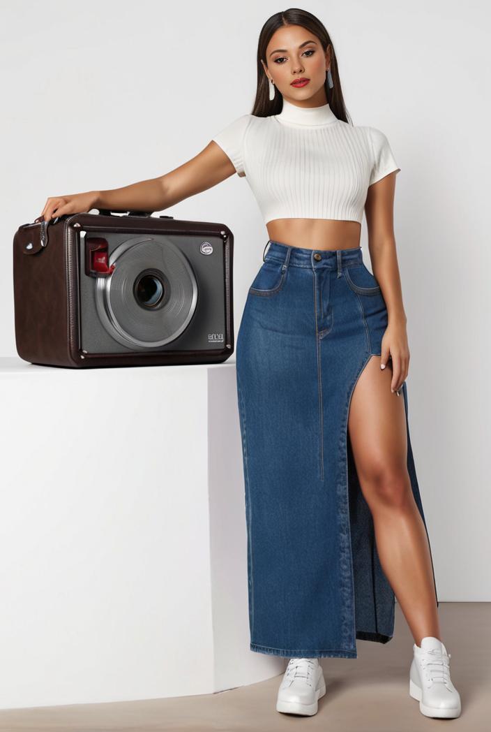 split thigh casual denim midi skirt with slant pockets 127017