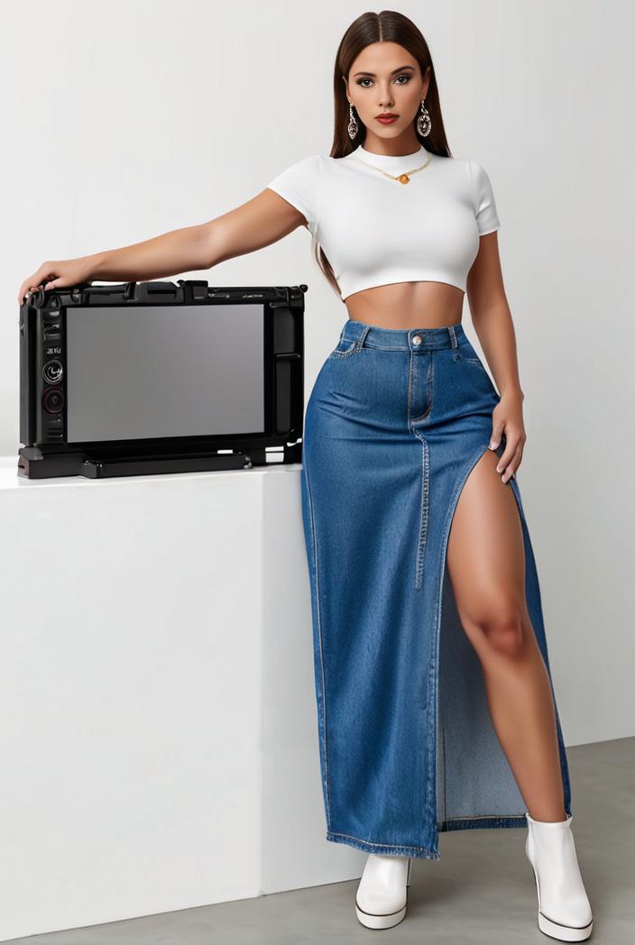 split thigh casual denim midi skirt with slant pockets 127021