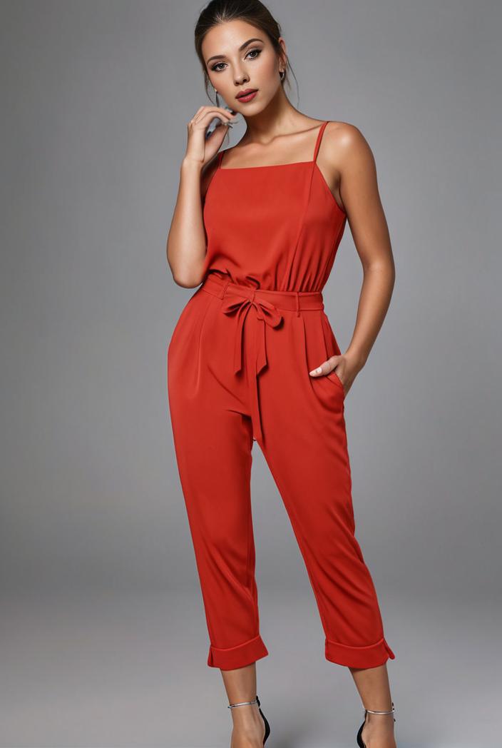 stylish sleeveless jumpsuit with tie waist and flap pockets for women 127788