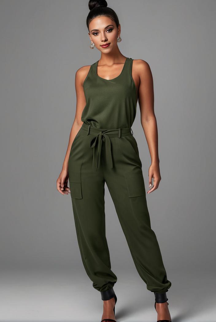 stylish sleeveless jumpsuit with tie waist and flap pockets for women 127817