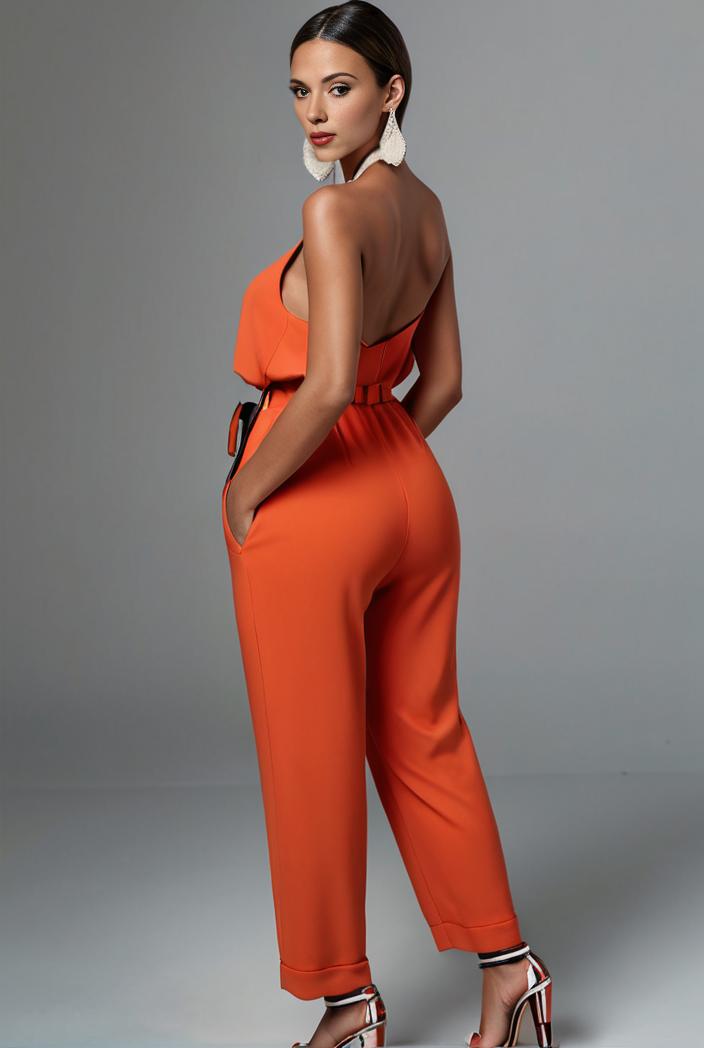 stylish sleeveless jumpsuit with tie waist and flap pockets for women 127830