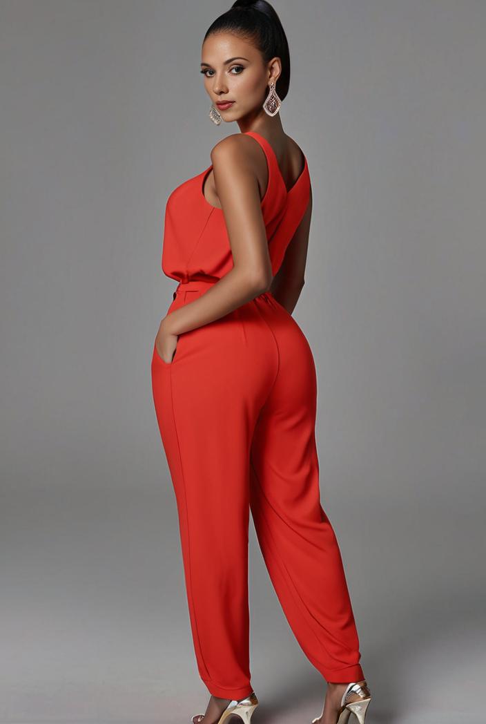 stylish sleeveless jumpsuit with tie waist and flap pockets for women 127834