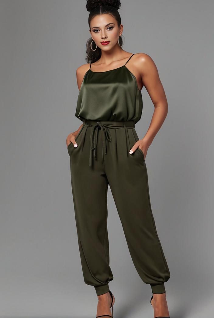 stylish sleeveless jumpsuit with tie waist and flap pockets for women 127836