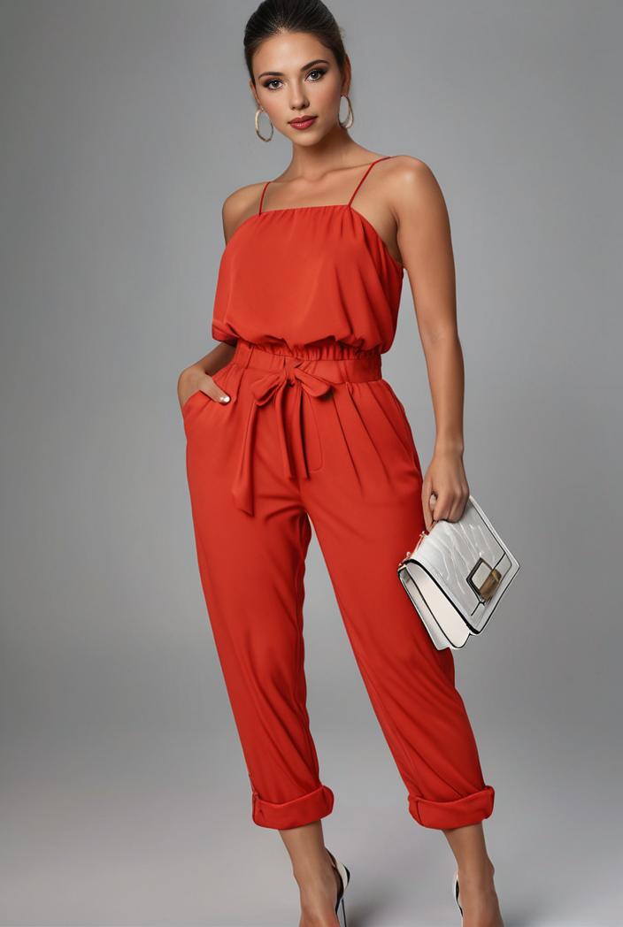 stylish sleeveless jumpsuit with tie waist and flap pockets for women 127876