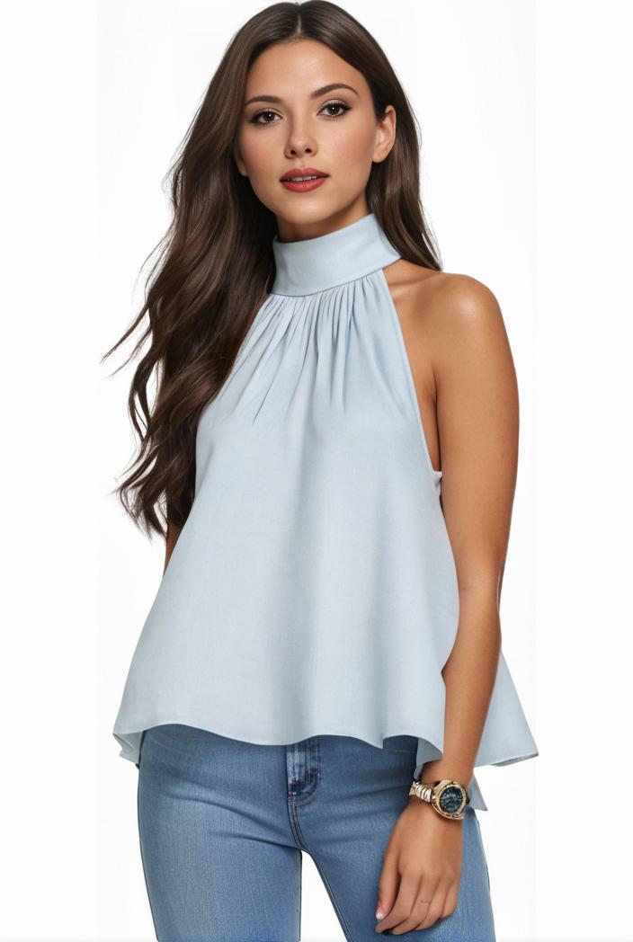 mock neck ruched ruffles sleeveless casual top 102392