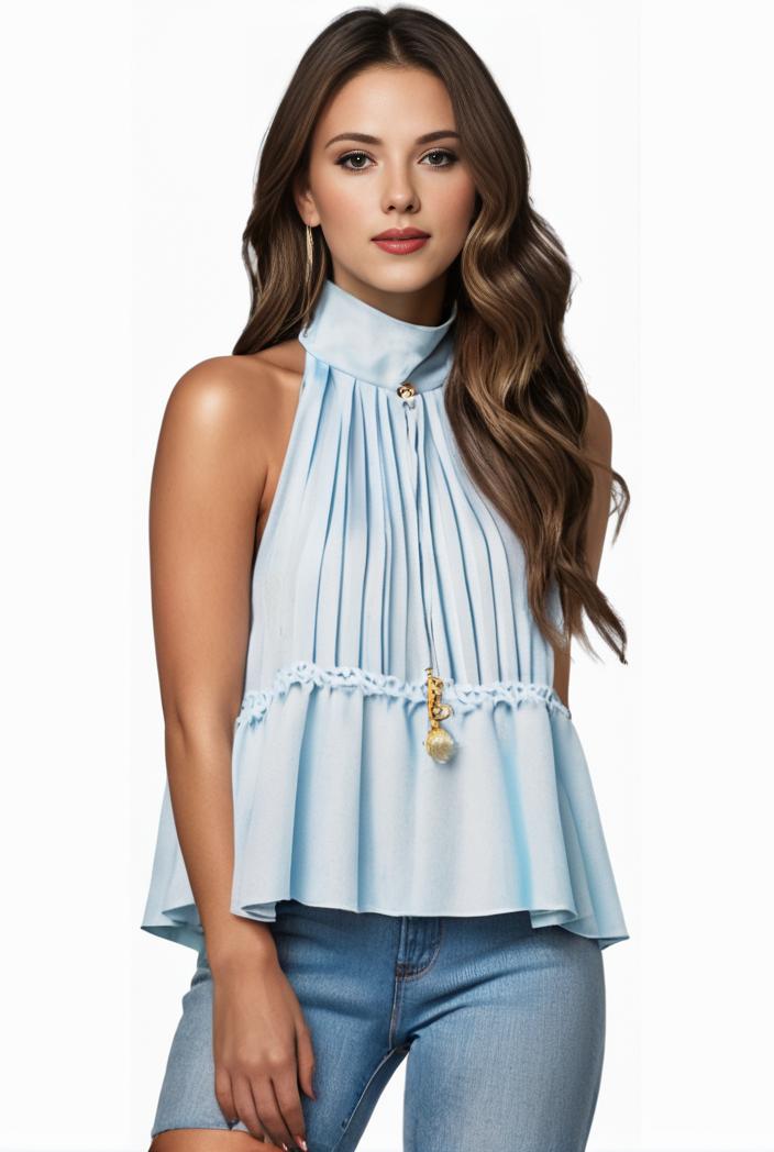 mock neck ruched ruffles sleeveless casual top 102397