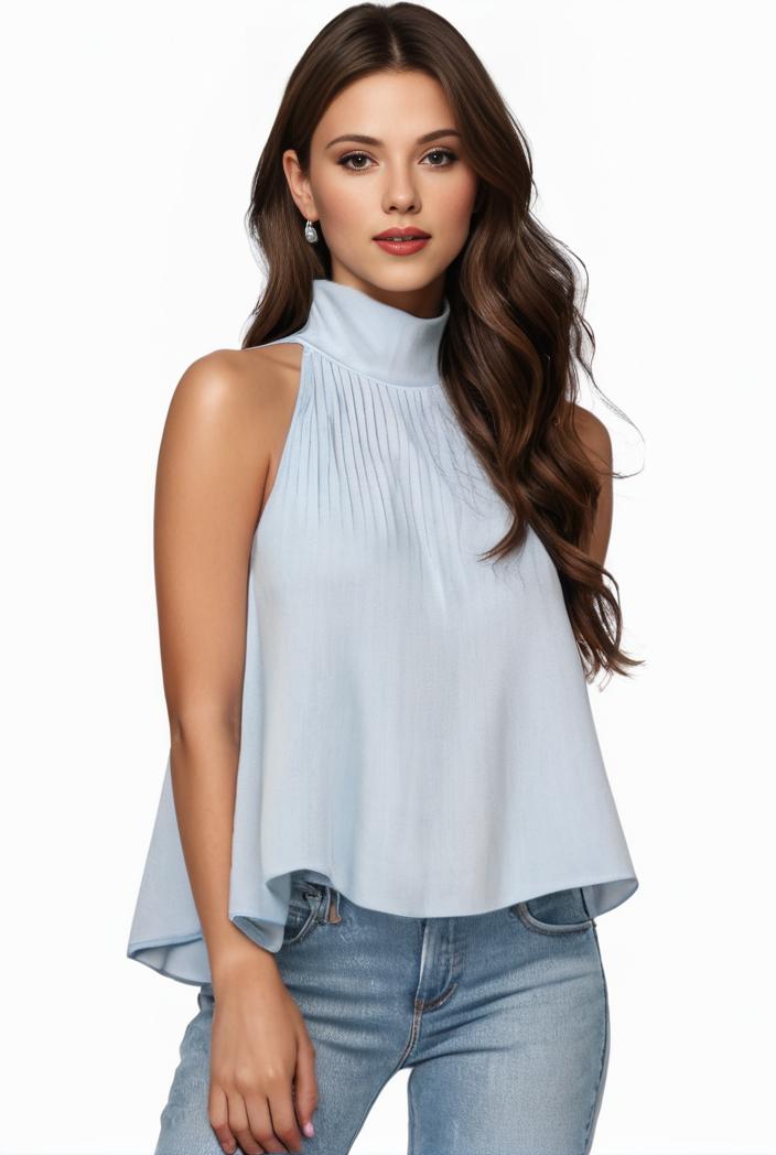 mock neck ruched ruffles sleeveless casual top 102398