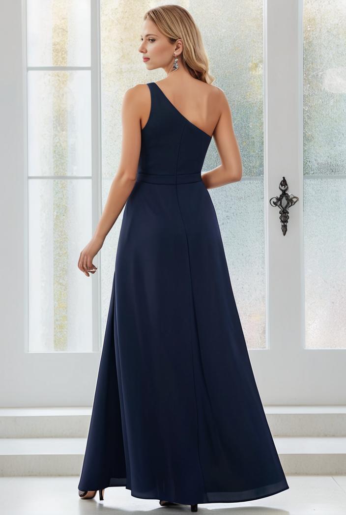 flowy chiffon one shoulder with three straps bridesmaid dress 142346