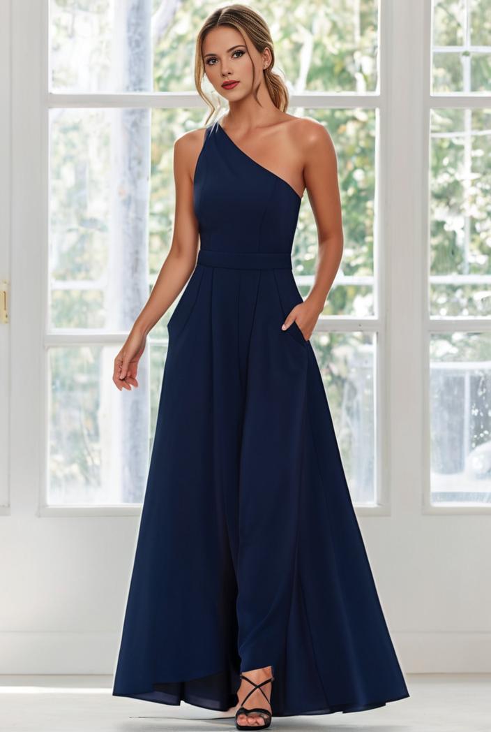 flowy chiffon one shoulder with three straps bridesmaid dress 142348