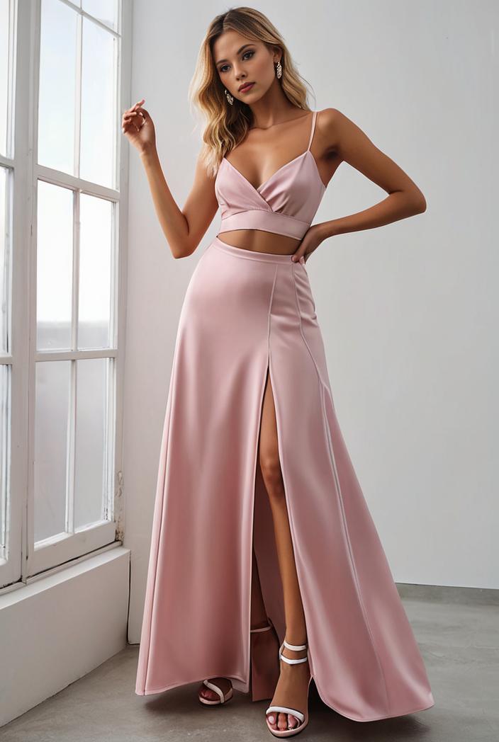 pleated v neck spaghetti strap high slit bridesmaid dress 148454