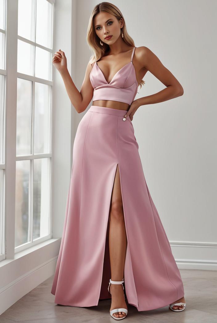 pleated v neck spaghetti strap high slit bridesmaid dress 148456