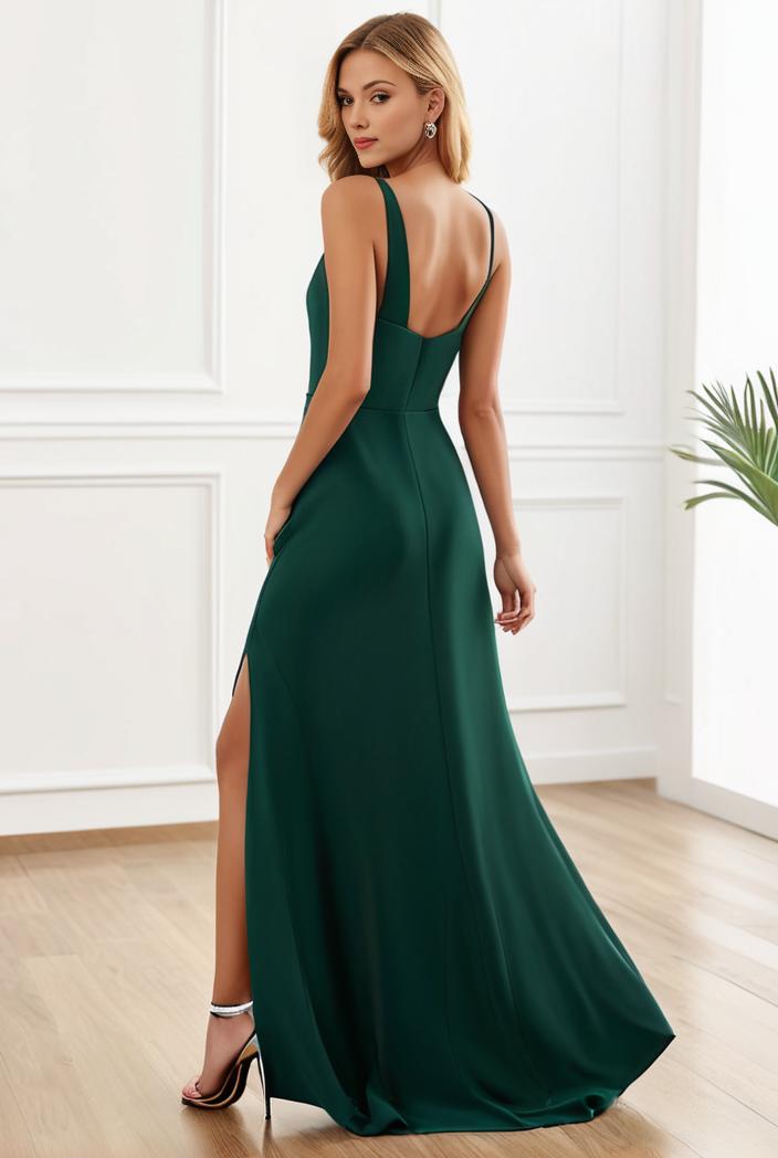 pleated v neck spaghetti strap high slit bridesmaid dress 148482