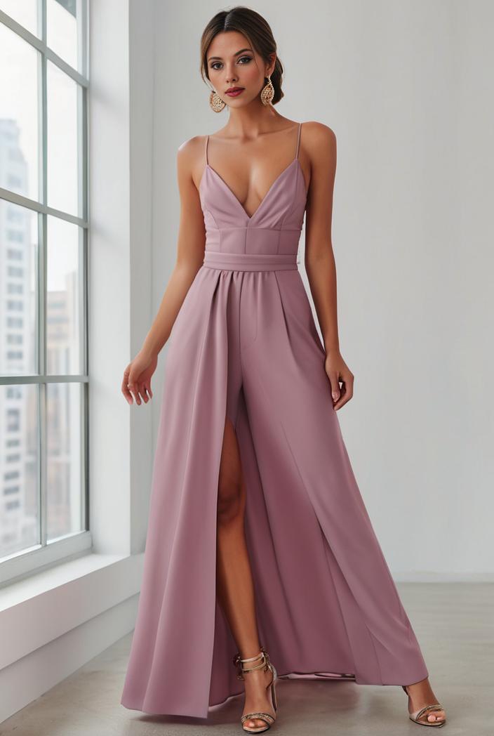 pleated v neck spaghetti strap high slit bridesmaid dress 148500