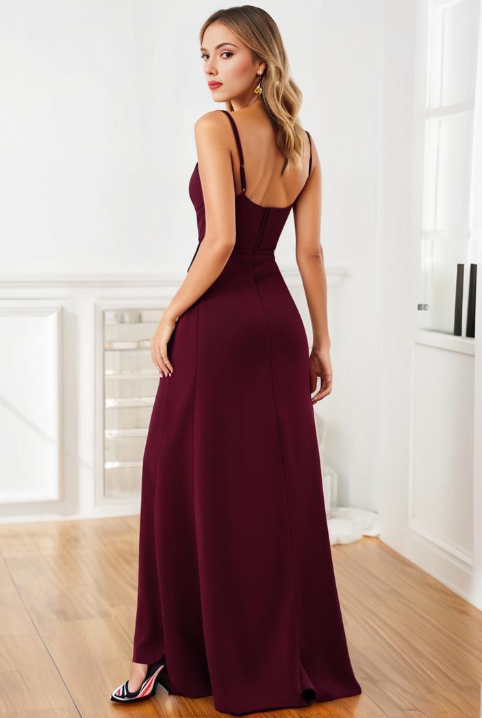 pleated v neck spaghetti strap high slit bridesmaid dress 148509