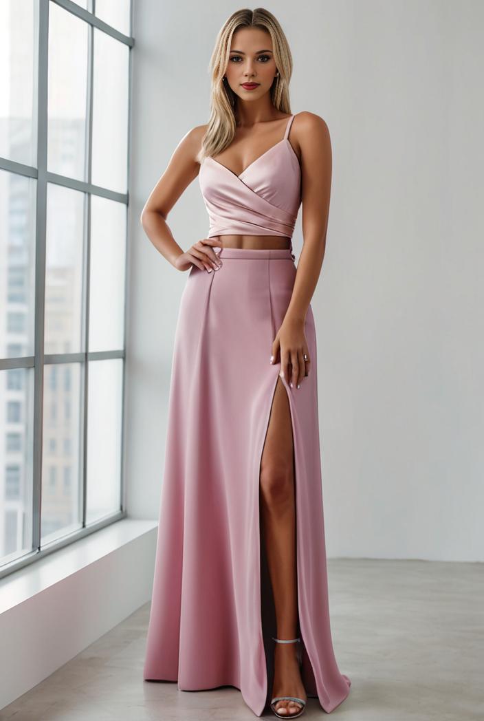 pleated v neck spaghetti strap high slit bridesmaid dress 148524