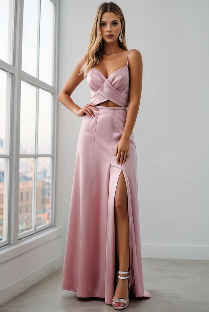 pleated v neck spaghetti strap high slit bridesmaid dress 148526