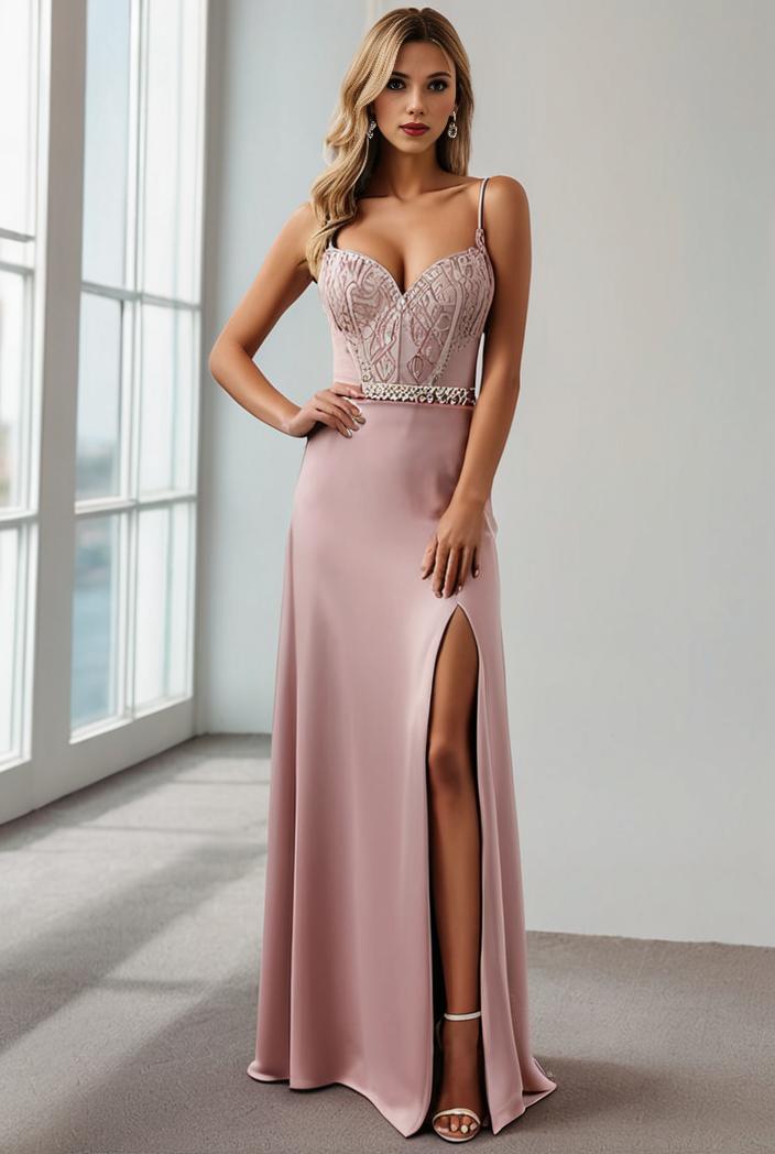 pleated v neck spaghetti strap high slit bridesmaid dress 148527