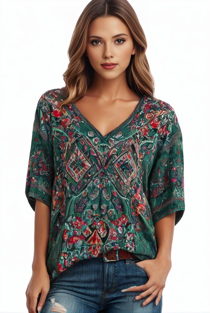 plus size boho top women s plus allover paisley print half sleeve v neck slight stretch top 148705