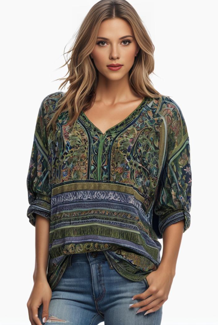 plus size boho top women s plus allover paisley print half sleeve v neck slight stretch top 148709