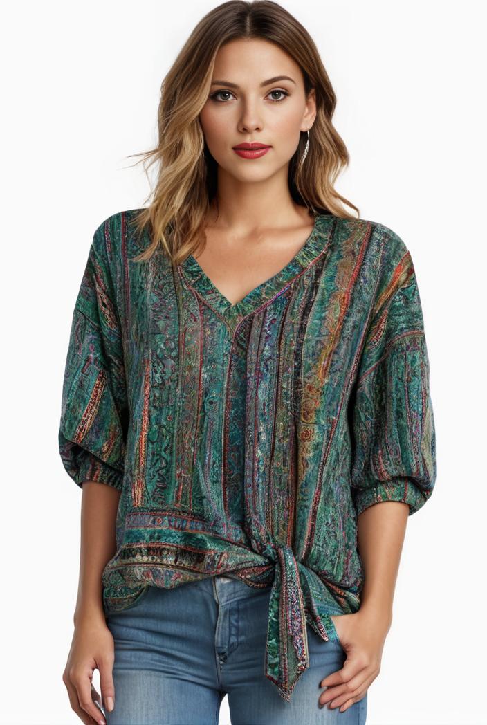 plus size boho top women s plus allover paisley print half sleeve v neck slight stretch top 148711