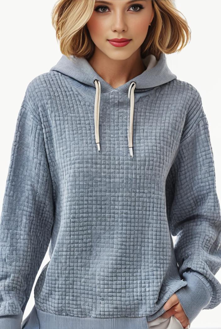 plus size casual sweatshirt women s plus solid waffle long sleeve drawstring hooded pullover sweatshirt with kangaroo pockets casual tops for fall winter women s clothing 149207