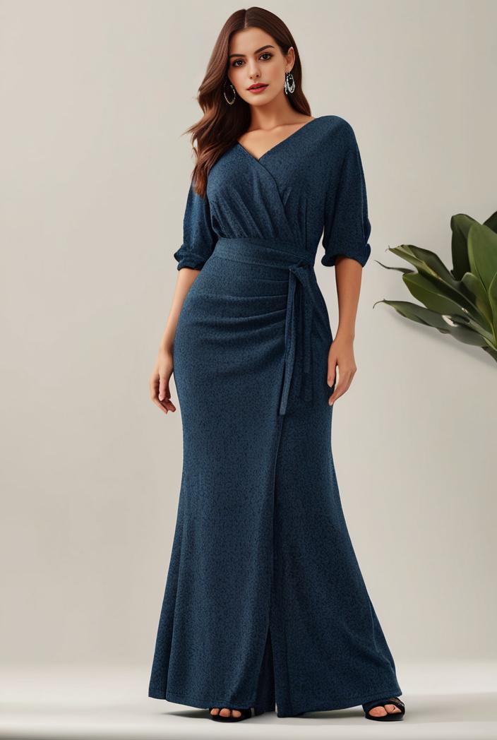3 4 sleeve bodycon plunging back sequin evening dress 132170