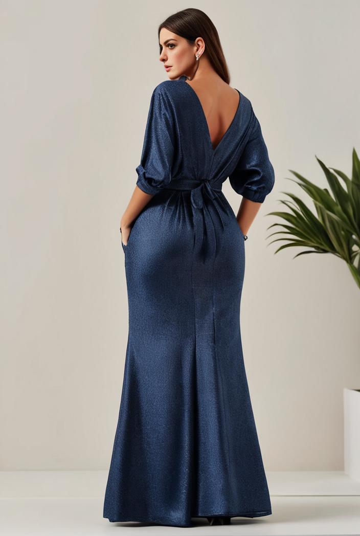 3 4 sleeve bodycon plunging back sequin evening dress 132188