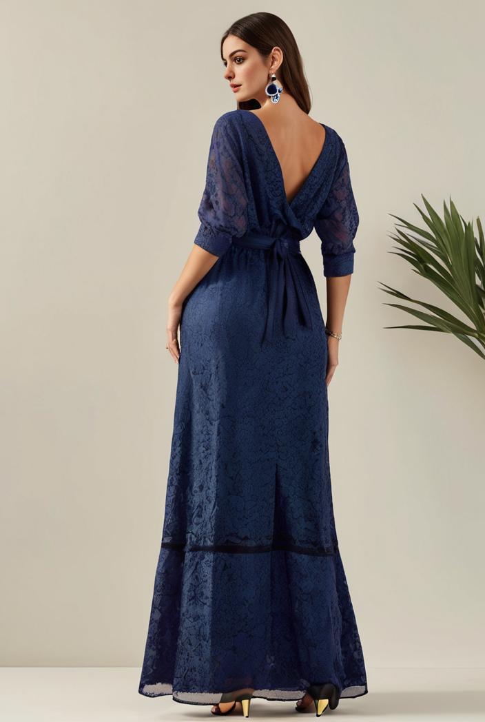 3 4 sleeve bodycon plunging back sequin evening dress 132189