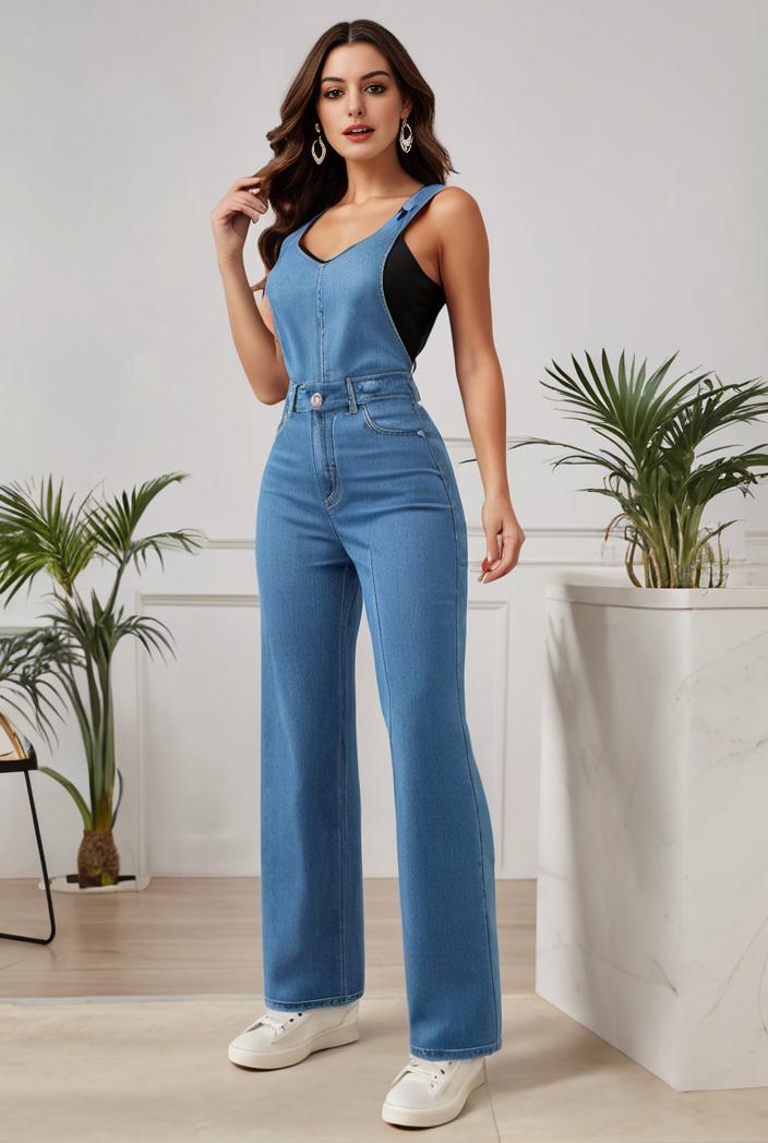 relaxed fit denim jumpsuit with slant pockets non elastic washed denim overalls women s denim apparel 101545
