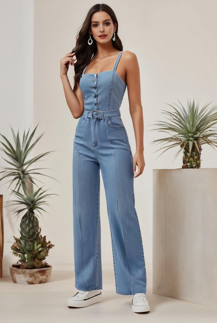 relaxed fit denim jumpsuit with slant pockets non elastic washed denim overalls women s denim apparel 101546