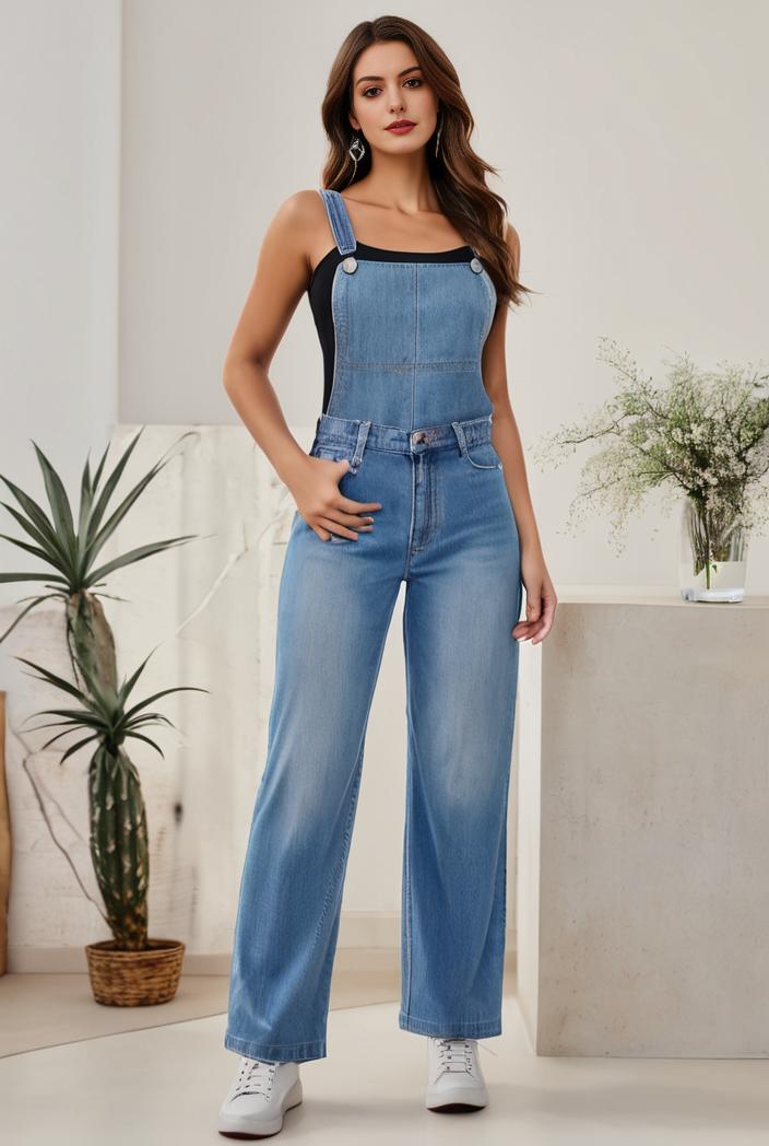 relaxed fit denim jumpsuit with slant pockets non elastic washed denim overalls women s denim apparel 101554