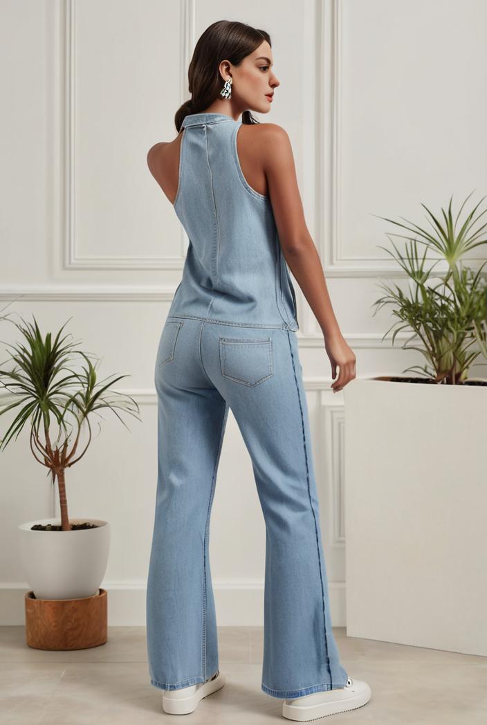 relaxed fit denim jumpsuit with slant pockets non elastic washed denim overalls women s denim apparel 101559