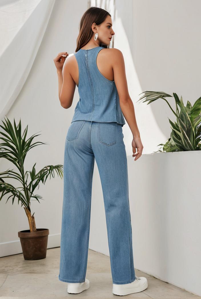 relaxed fit denim jumpsuit with slant pockets non elastic washed denim overalls women s denim apparel 101560