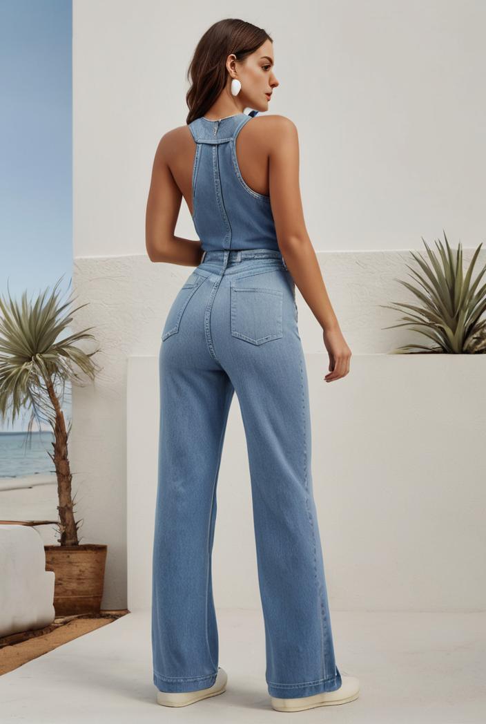 relaxed fit denim jumpsuit with slant pockets non elastic washed denim overalls women s denim apparel 101563