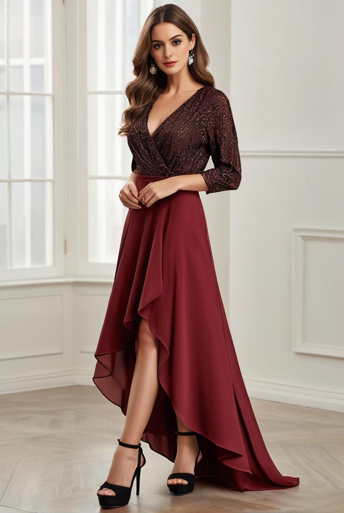 3 4 sleeve sheer sequin stripe high low hem evening dress 145539