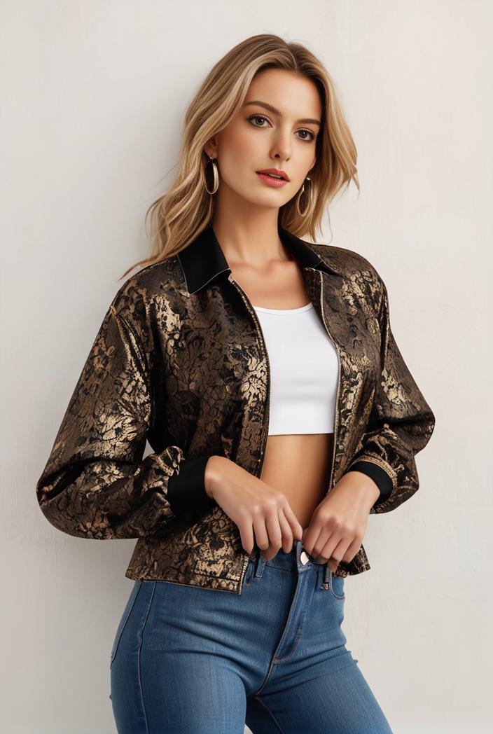 sequin bomber jacket with zipper closure and long sleeves stylish women s outerwear 103300