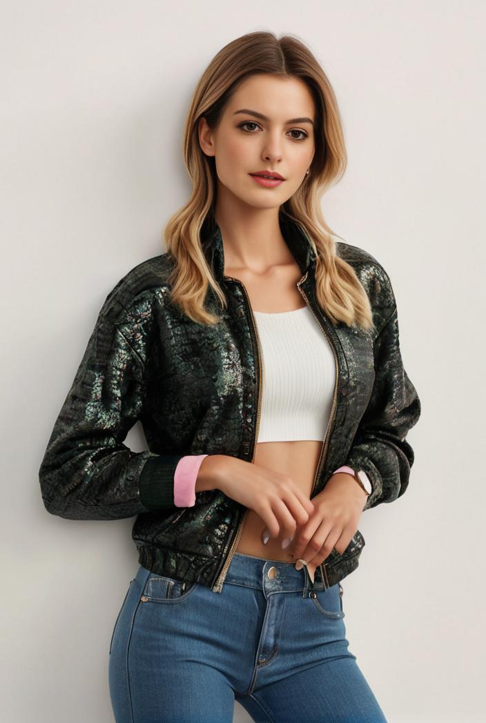 sequin bomber jacket with zipper closure and long sleeves stylish women s outerwear 103303