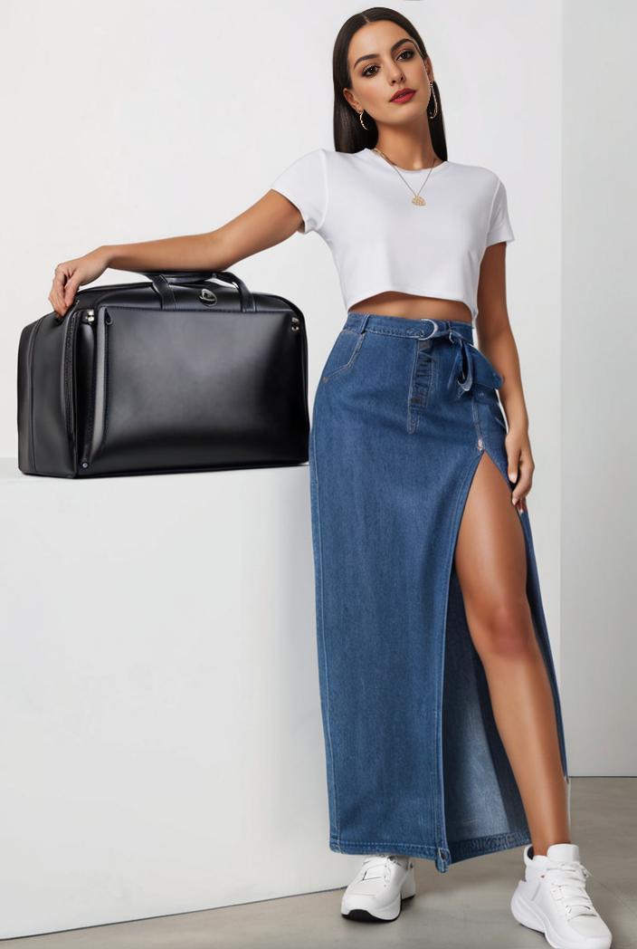 split thigh casual denim midi skirt with slant pockets 108074