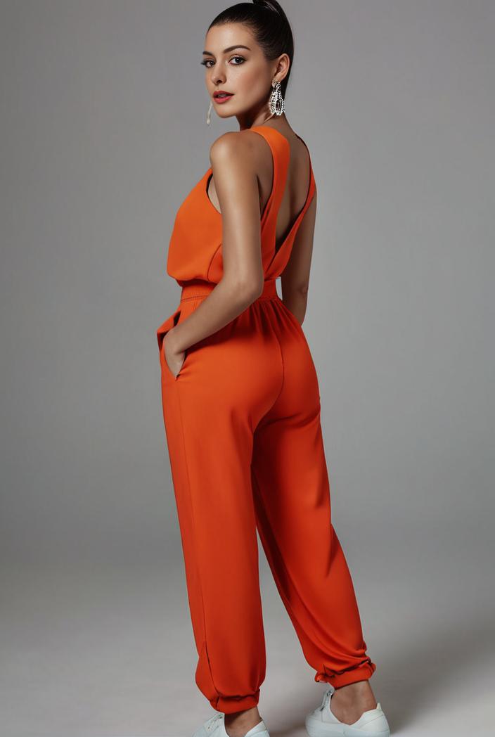 stylish sleeveless jumpsuit with tie waist and flap pockets for women 108889
