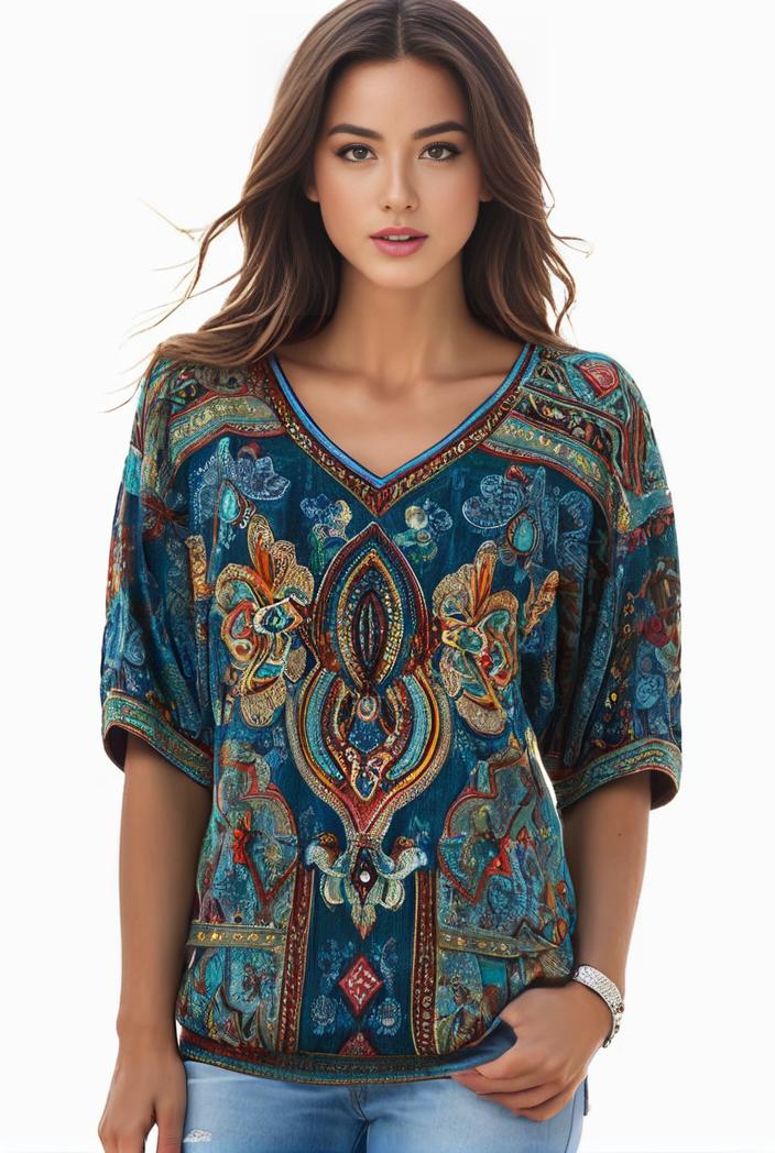 plus size boho top women s plus allover paisley print half sleeve v neck slight stretch top 108215